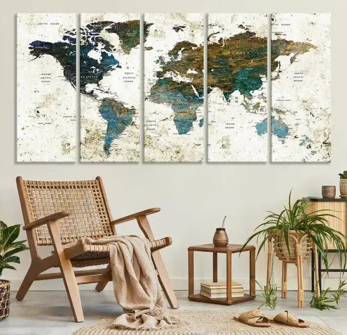 The living room showcases a World Map Wall Art Canvas Print, a stunning triptych on museum-quality canvas. This artistic piece, crafted by professional craftsmen, turns the space into an inviting haven.