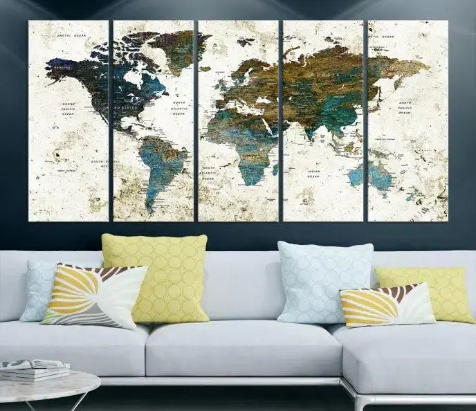 The living room showcases a World Map Wall Art Canvas Print, a stunning triptych on museum-quality canvas. This artistic piece, crafted by professional craftsmen, turns the space into an inviting haven.