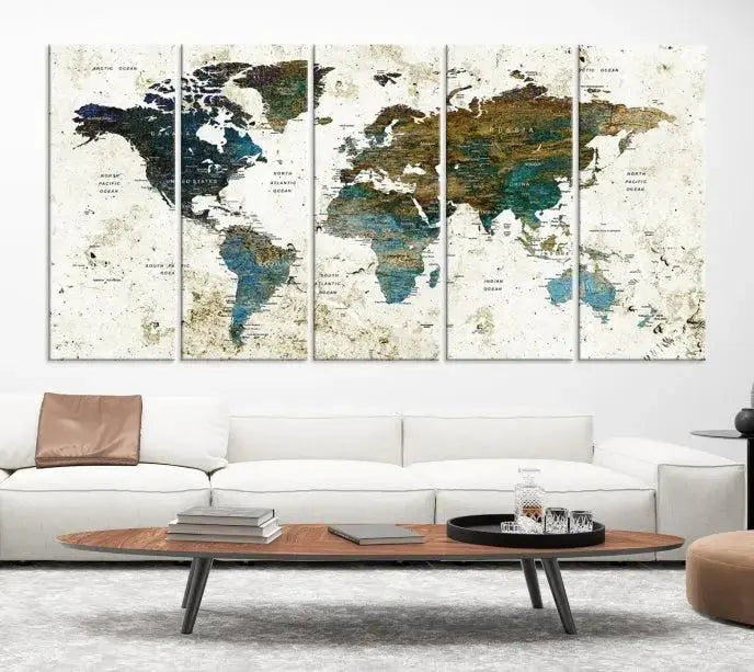 The living room showcases a World Map Wall Art Canvas Print, a stunning triptych on museum-quality canvas. This artistic piece, crafted by professional craftsmen, turns the space into an inviting haven.