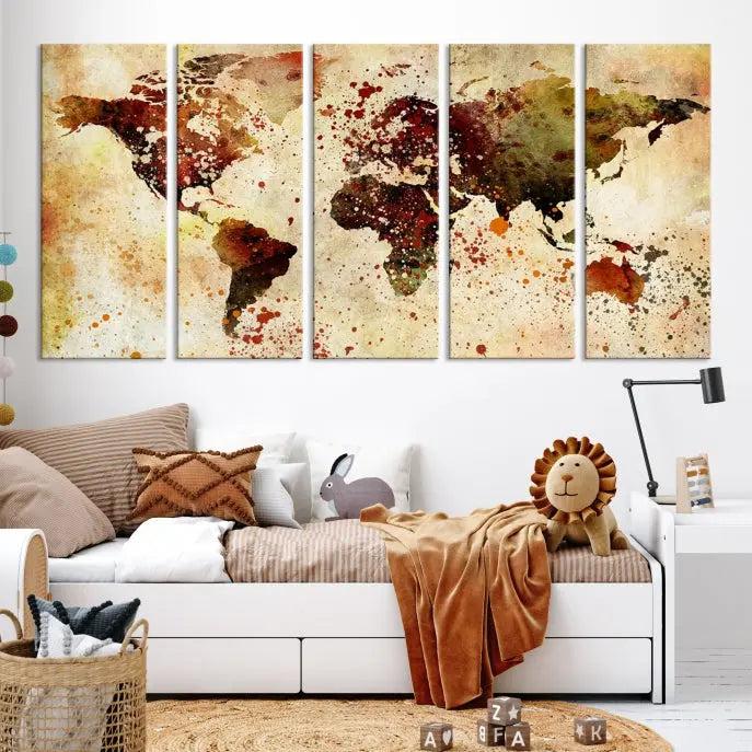 The World Map Wall Art Canvas Print, gallery-wrapped on museum-quality canvas adorned with watercolor splatters, enhances a modern living room decor. This artwork features a UV-protective coating to maintain its vibrant colors and elegant appearance over time.