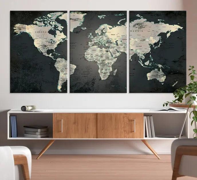 The room features the World Map Wall Art Canvas Print crafted on museum-quality canvases.