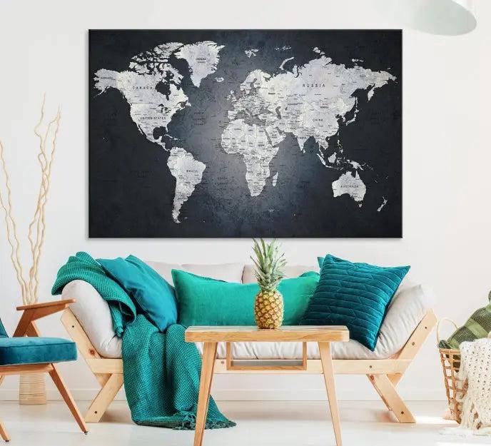 The exquisite World Map Wall Art Canvas Print is ready to hang on the wall.