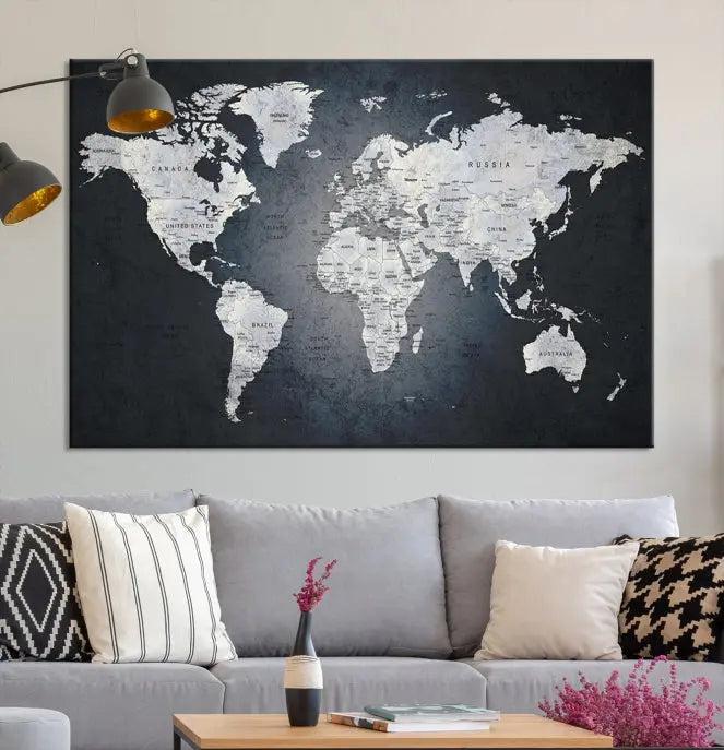 The exquisite World Map Wall Art Canvas Print is ready to hang on the wall.