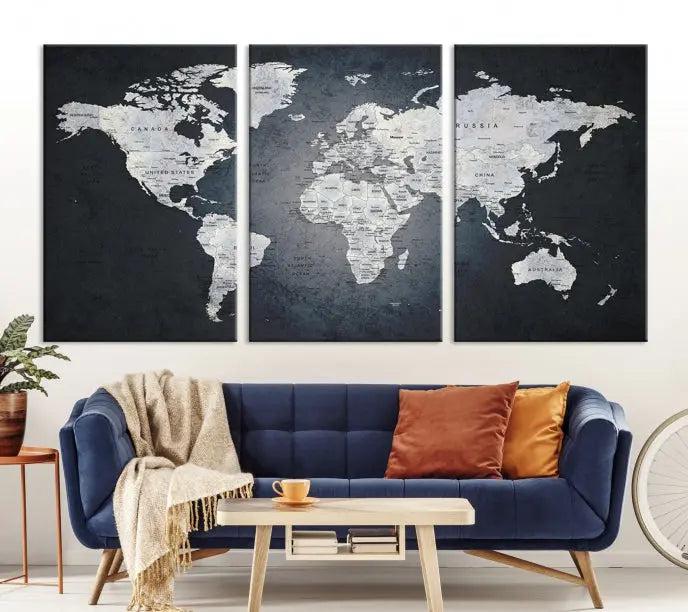 The exquisite World Map Wall Art Canvas Print is ready to hang on the wall.