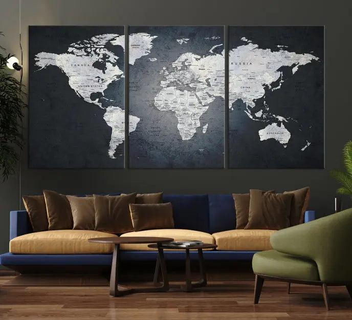 The exquisite World Map Wall Art Canvas Print is ready to hang on the wall.