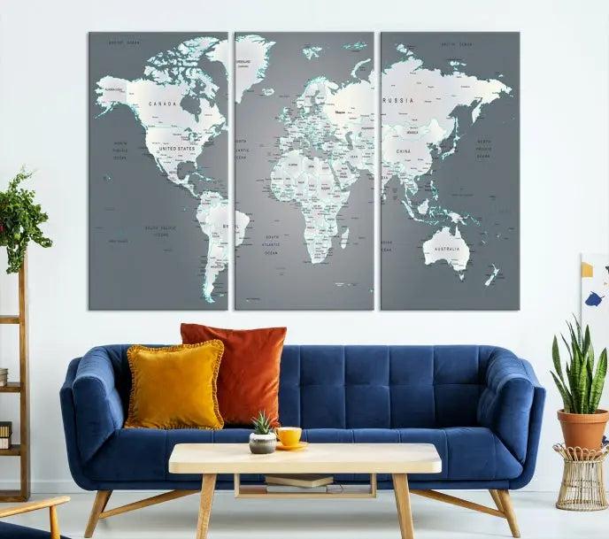 A museum-quality World Map Wall Art Canvas Print, consisting of three panels, hangs elegantly on the wall.