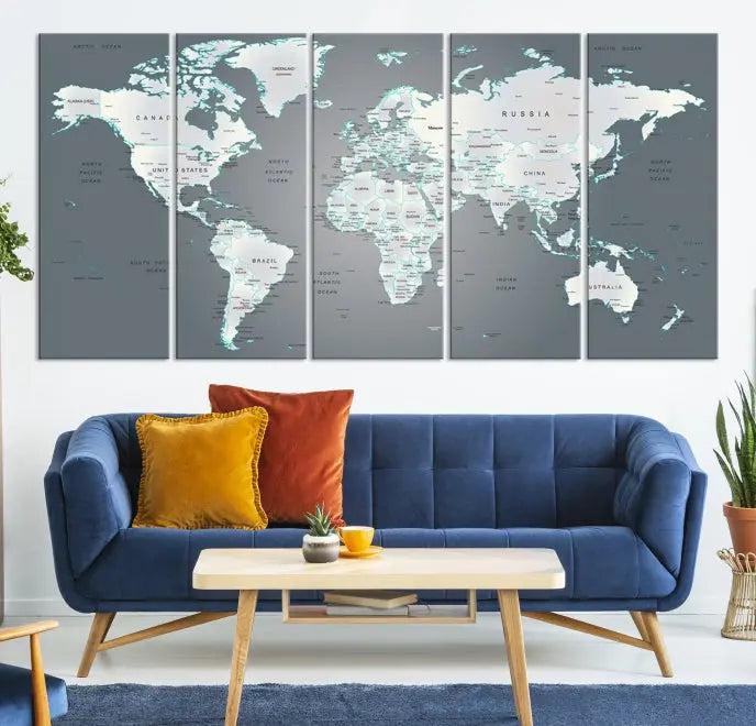 A museum-quality World Map Wall Art Canvas Print, consisting of three panels, hangs elegantly on the wall.