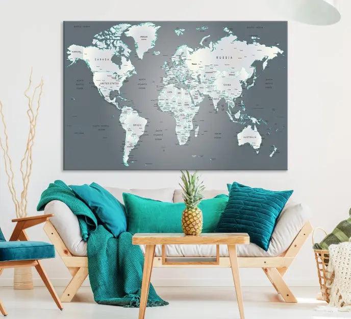 A museum-quality World Map Wall Art Canvas Print, consisting of three panels, hangs elegantly on the wall.