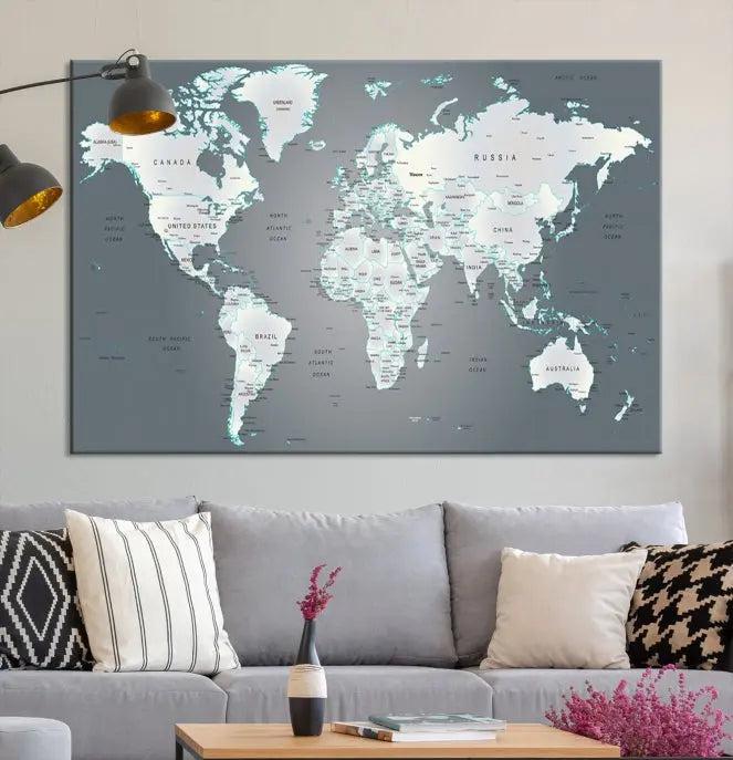 A museum-quality World Map Wall Art Canvas Print, consisting of three panels, hangs elegantly on the wall.