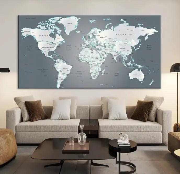 A museum-quality World Map Wall Art Canvas Print, consisting of three panels, hangs elegantly on the wall.