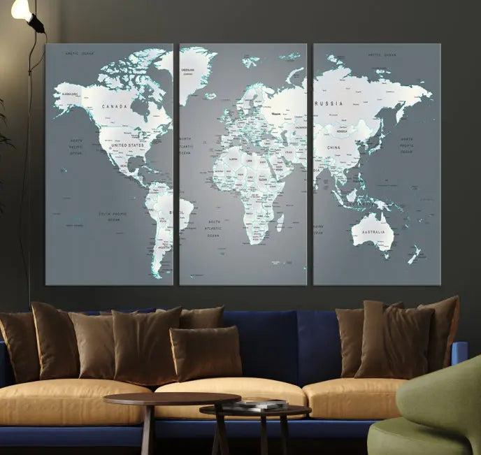 A museum-quality World Map Wall Art Canvas Print, consisting of three panels, hangs elegantly on the wall.