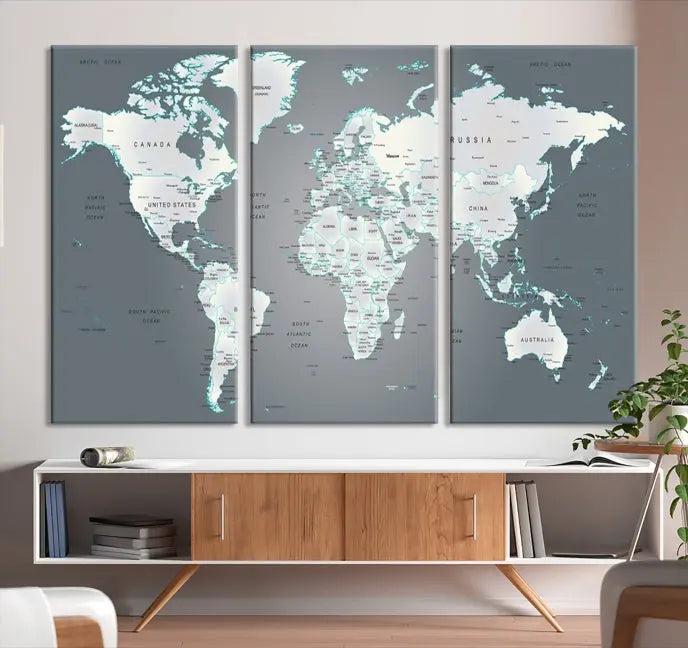 A museum-quality World Map Wall Art Canvas Print, consisting of three panels, hangs elegantly on the wall.