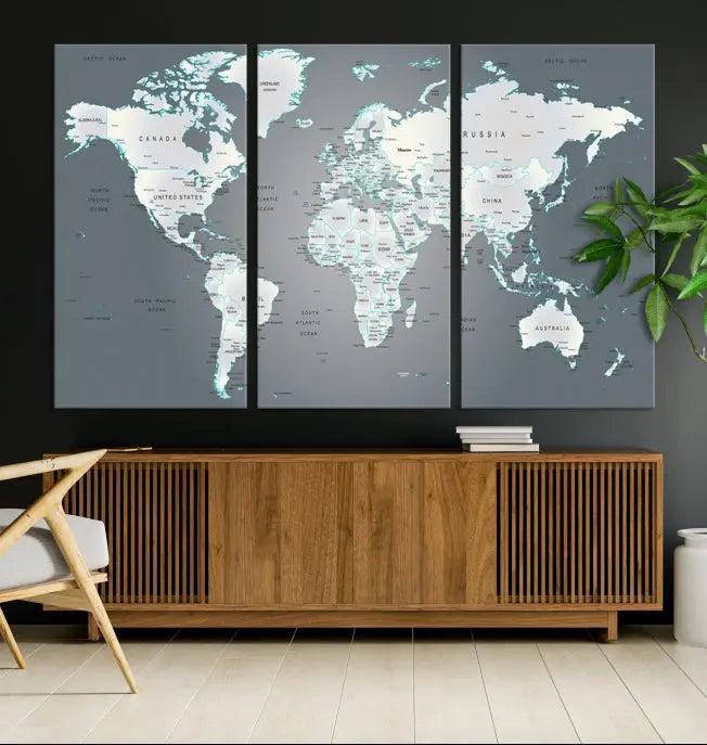 A museum-quality World Map Wall Art Canvas Print, consisting of three panels, hangs elegantly on the wall.