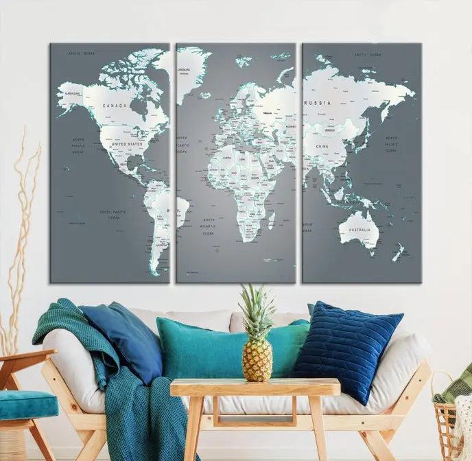 A museum-quality World Map Wall Art Canvas Print, consisting of three panels, hangs elegantly on the wall.