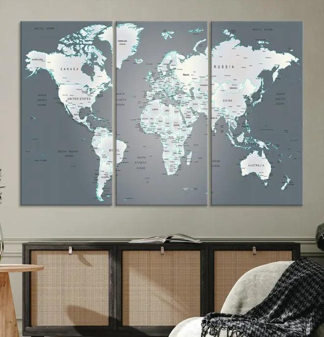 A museum-quality World Map Wall Art Canvas Print, consisting of three panels, hangs elegantly on the wall.