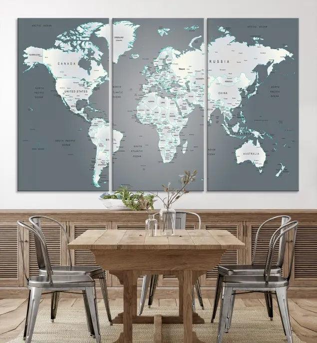 A museum-quality World Map Wall Art Canvas Print, consisting of three panels, hangs elegantly on the wall.