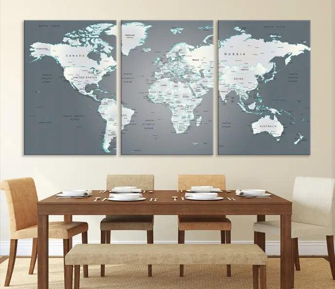 A museum-quality World Map Wall Art Canvas Print, consisting of three panels, hangs elegantly on the wall.