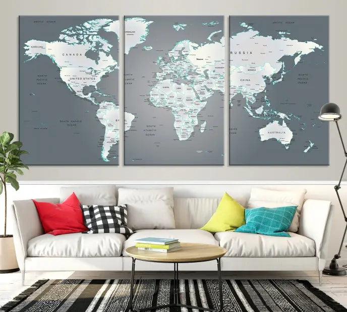 A museum-quality World Map Wall Art Canvas Print, consisting of three panels, hangs elegantly on the wall.