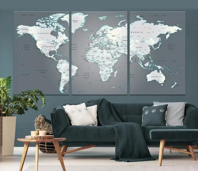 A museum-quality World Map Wall Art Canvas Print, consisting of three panels, hangs elegantly on the wall.