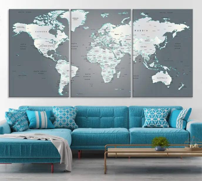 A museum-quality World Map Wall Art Canvas Print, consisting of three panels, hangs elegantly on the wall.