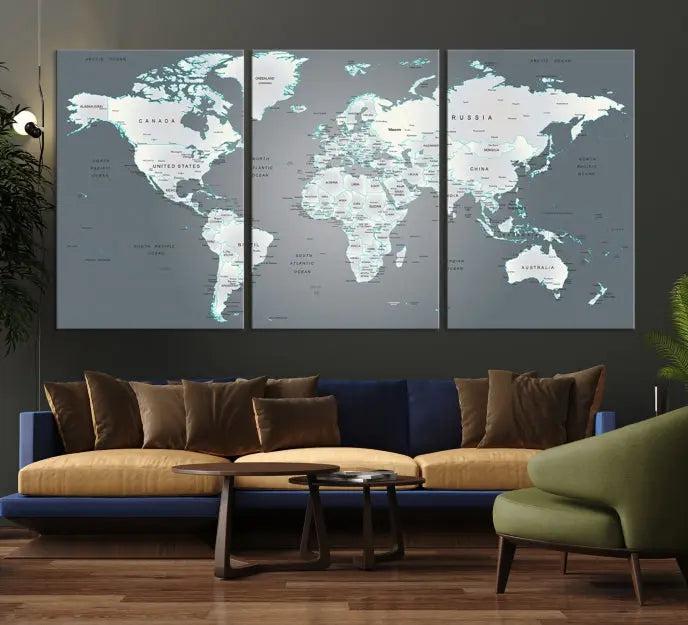 A museum-quality World Map Wall Art Canvas Print, consisting of three panels, hangs elegantly on the wall.