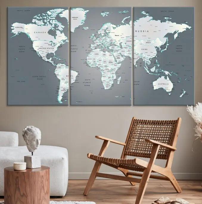 A museum-quality World Map Wall Art Canvas Print, consisting of three panels, hangs elegantly on the wall.