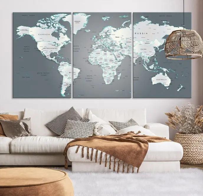 A museum-quality World Map Wall Art Canvas Print, consisting of three panels, hangs elegantly on the wall.