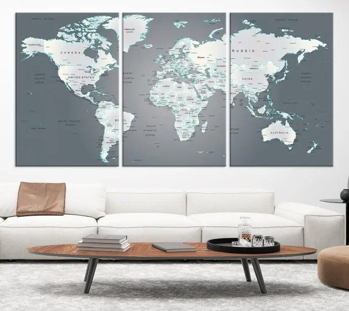 A museum-quality World Map Wall Art Canvas Print, consisting of three panels, hangs elegantly on the wall.