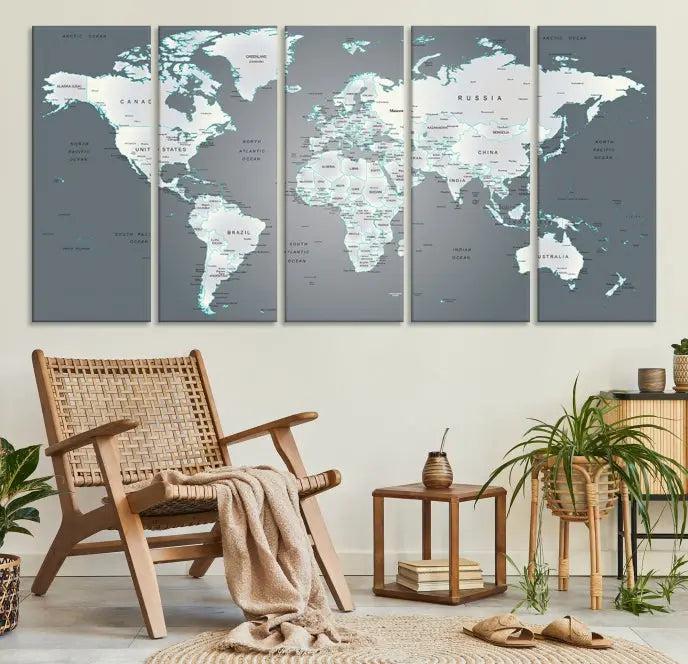 A museum-quality World Map Wall Art Canvas Print, consisting of three panels, hangs elegantly on the wall.