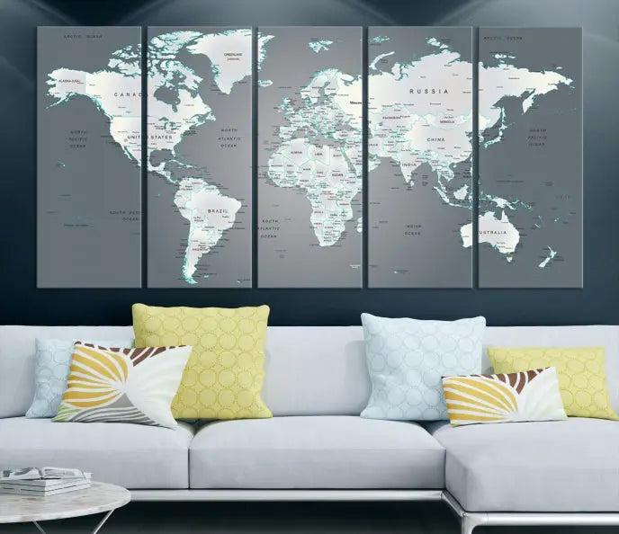 A museum-quality World Map Wall Art Canvas Print, consisting of three panels, hangs elegantly on the wall.