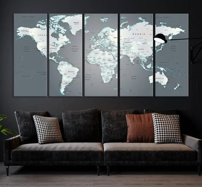 A museum-quality World Map Wall Art Canvas Print, consisting of three panels, hangs elegantly on the wall.