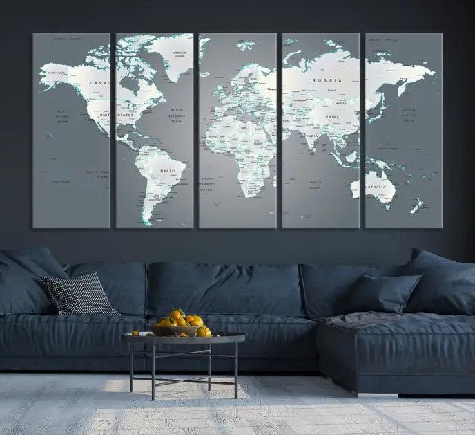 A museum-quality World Map Wall Art Canvas Print, consisting of three panels, hangs elegantly on the wall.