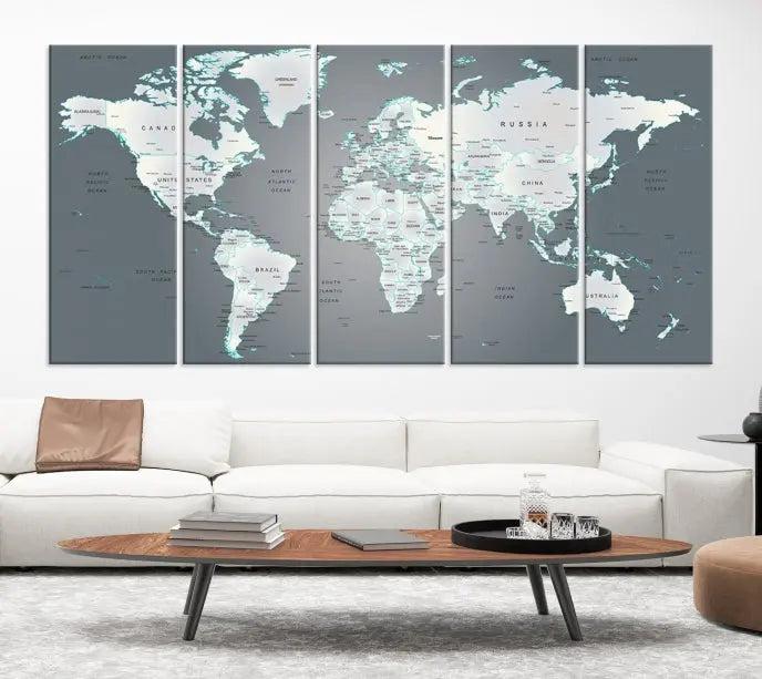 A museum-quality World Map Wall Art Canvas Print, consisting of three panels, hangs elegantly on the wall.