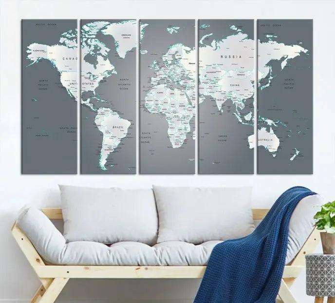 A museum-quality World Map Wall Art Canvas Print, consisting of three panels, hangs elegantly on the wall.