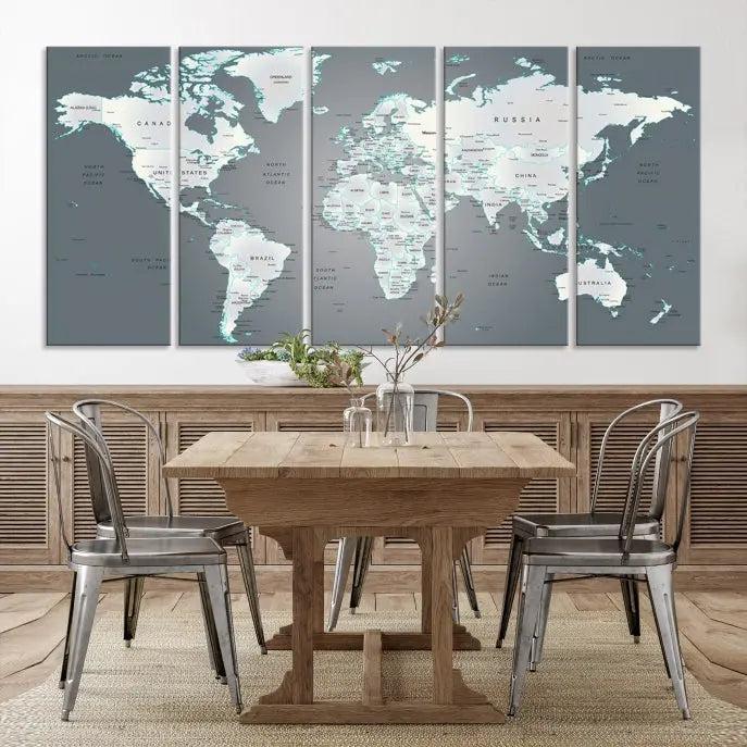 A museum-quality World Map Wall Art Canvas Print, consisting of three panels, hangs elegantly on the wall.