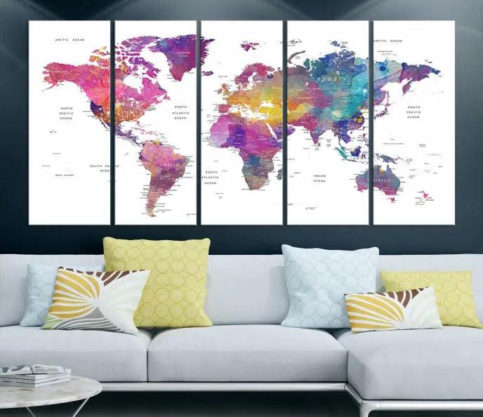 The World Map Wall Art Canvas Print features a vivid world map on museum-quality canvas and is divided into five panels with a UV-protective coating. It comes ready to hang for an instant enhancement of your space.