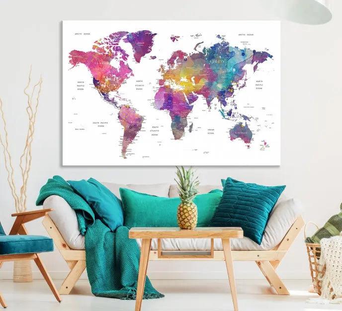 The World Map Wall Art Canvas Print features a vivid world map on museum-quality canvas and is divided into five panels with a UV-protective coating. It comes ready to hang for an instant enhancement of your space.