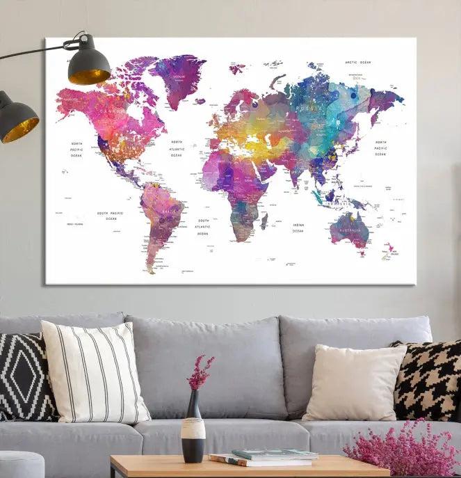 The World Map Wall Art Canvas Print features a vivid world map on museum-quality canvas and is divided into five panels with a UV-protective coating. It comes ready to hang for an instant enhancement of your space.