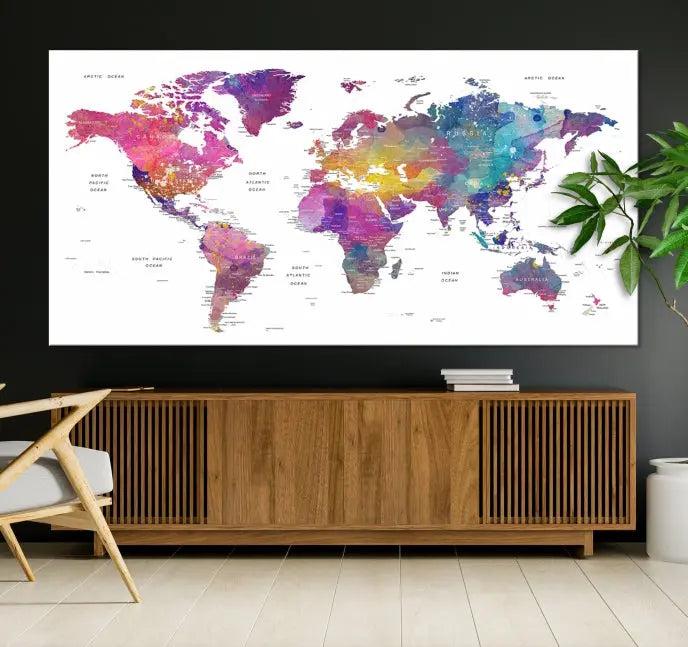 The World Map Wall Art Canvas Print features a vivid world map on museum-quality canvas and is divided into five panels with a UV-protective coating. It comes ready to hang for an instant enhancement of your space.