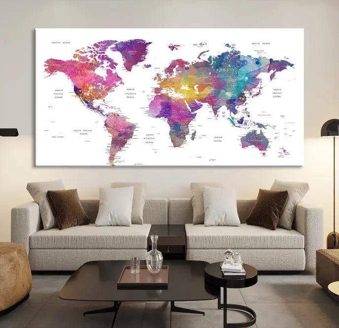 The World Map Wall Art Canvas Print features a vivid world map on museum-quality canvas and is divided into five panels with a UV-protective coating. It comes ready to hang for an instant enhancement of your space.