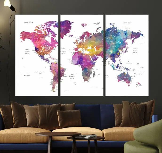 The World Map Wall Art Canvas Print features a vivid world map on museum-quality canvas and is divided into five panels with a UV-protective coating. It comes ready to hang for an instant enhancement of your space.