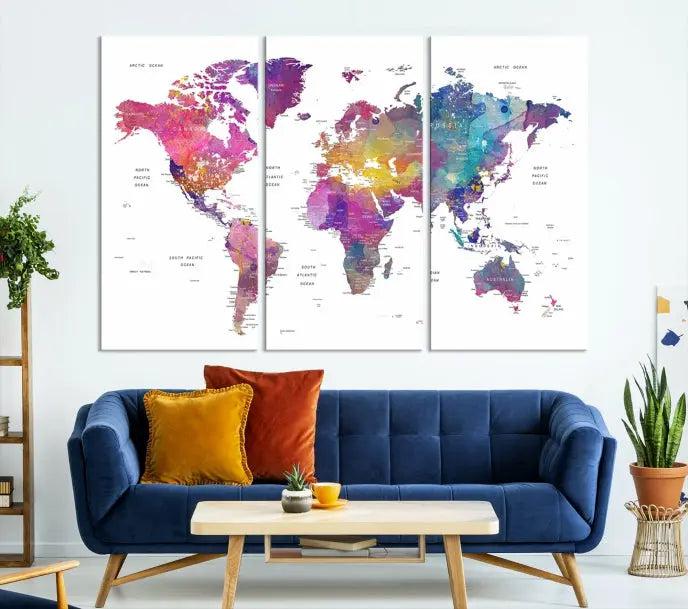 The World Map Wall Art Canvas Print features a vivid world map on museum-quality canvas and is divided into five panels with a UV-protective coating. It comes ready to hang for an instant enhancement of your space.