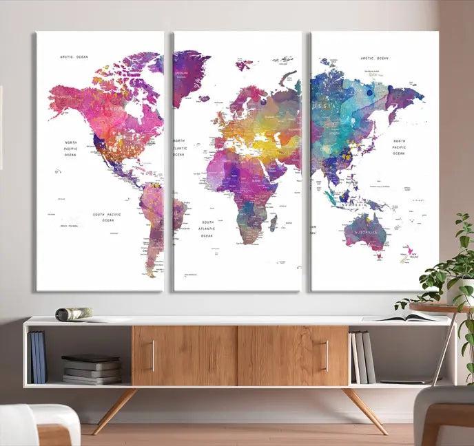 The World Map Wall Art Canvas Print features a vivid world map on museum-quality canvas and is divided into five panels with a UV-protective coating. It comes ready to hang for an instant enhancement of your space.