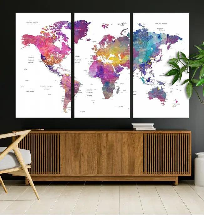 The World Map Wall Art Canvas Print features a vivid world map on museum-quality canvas and is divided into five panels with a UV-protective coating. It comes ready to hang for an instant enhancement of your space.