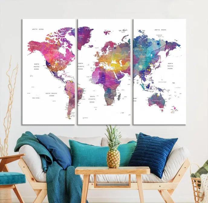 The World Map Wall Art Canvas Print features a vivid world map on museum-quality canvas and is divided into five panels with a UV-protective coating. It comes ready to hang for an instant enhancement of your space.