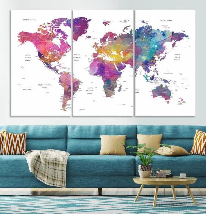 The World Map Wall Art Canvas Print features a vivid world map on museum-quality canvas and is divided into five panels with a UV-protective coating. It comes ready to hang for an instant enhancement of your space.