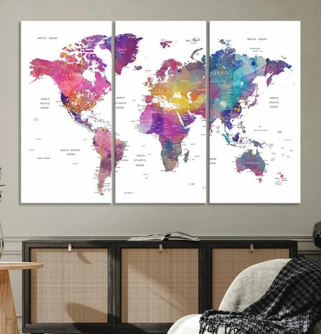 The World Map Wall Art Canvas Print features a vivid world map on museum-quality canvas and is divided into five panels with a UV-protective coating. It comes ready to hang for an instant enhancement of your space.