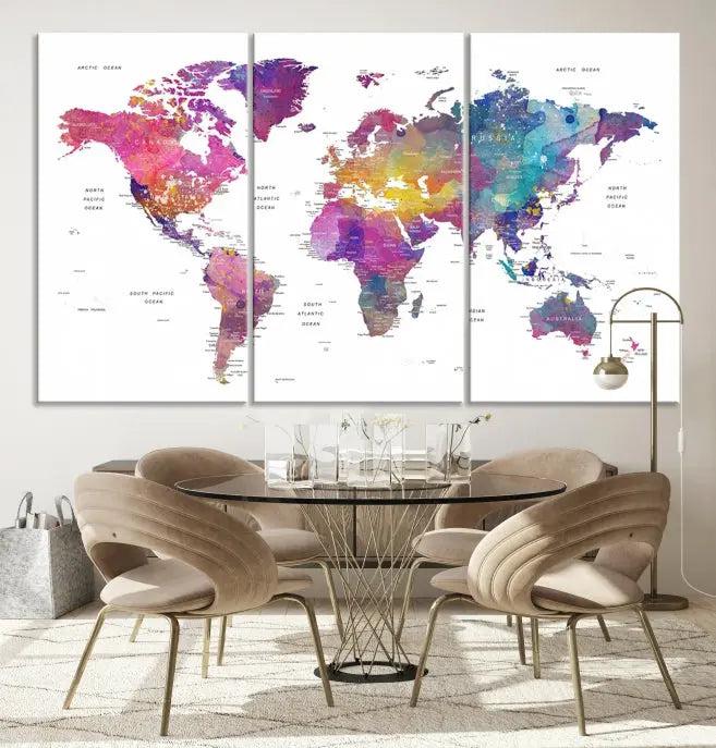 The World Map Wall Art Canvas Print features a vivid world map on museum-quality canvas and is divided into five panels with a UV-protective coating. It comes ready to hang for an instant enhancement of your space.