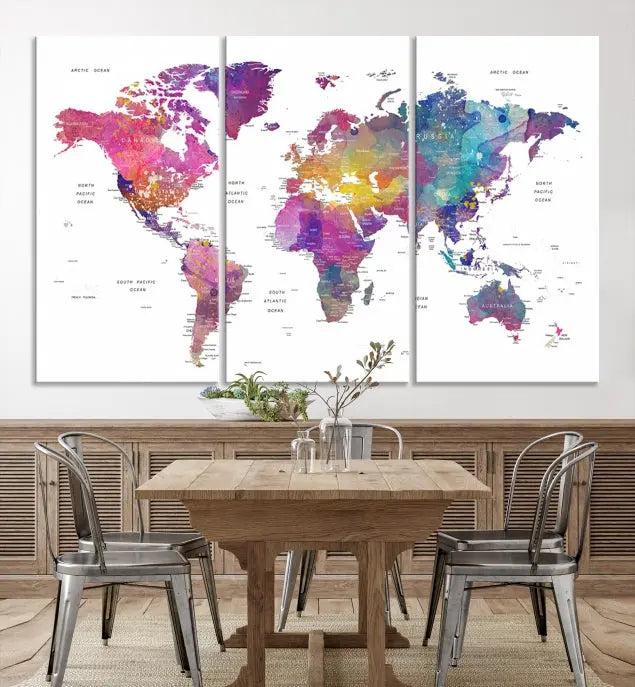 The World Map Wall Art Canvas Print features a vivid world map on museum-quality canvas and is divided into five panels with a UV-protective coating. It comes ready to hang for an instant enhancement of your space.