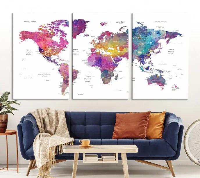 The World Map Wall Art Canvas Print features a vivid world map on museum-quality canvas and is divided into five panels with a UV-protective coating. It comes ready to hang for an instant enhancement of your space.